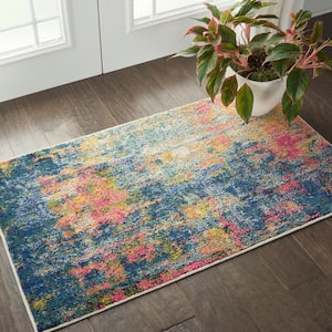 Celestial Blue/Yellow doormat 2 ft. x 4 ft. Abstract Contemporary Kitchen Area Rug