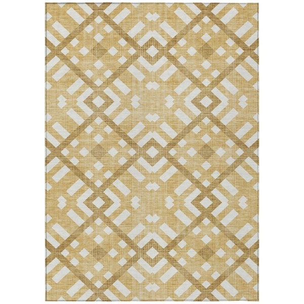 HomeRoots Gold, Beige, Tan 8 ft. x 10 ft.Woven Geometric Polyester Rectangle Indoor/Outdoor Area Rug
