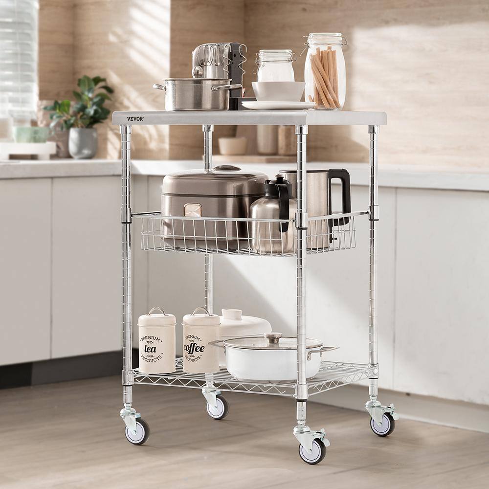 Silver 3-Tier Steel Utility Cart with Adjustable Shelves and Wheels
