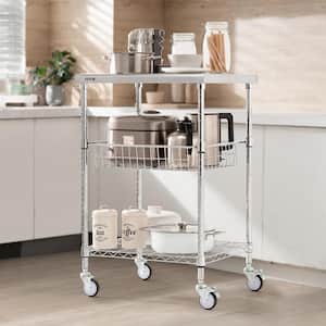 3-Tiers Kitchen Utility Cart 20 in. Wire Rolling Cart with Wheels Metal Storage Trolley with 6 Hooks Kitchen Cart,Silver