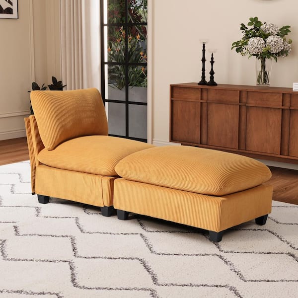 Hamilton Corduroy Upholstered Armless Single Modular Sofa Accent Chair w/ Footstool Ottoman Set, Mustard