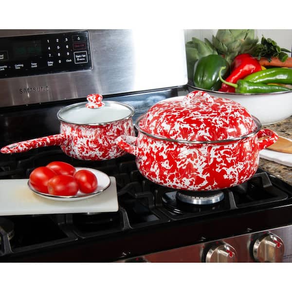 Golden Rabbit Red Swirl Enamelware 4 qt. Round Porcelain-Coated Steel Dutch  Oven with Lid RD31 - The Home Depot