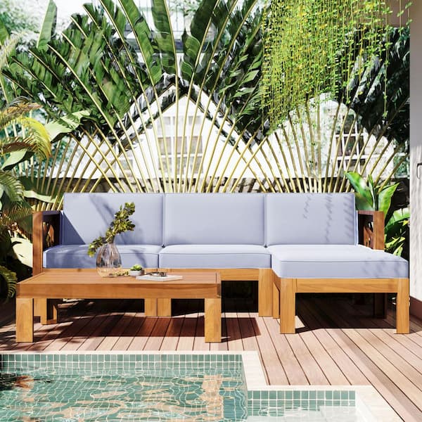 Zeus & Ruta 5-Piece Natural Wood Patio Outdoor Sectional Sofa Set with Gray Cushions and 1-Side Table