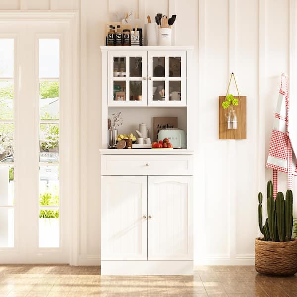 FUFU&GAGA White Painted Buffet and Hutch with Framed Glass Doors, Drawer, Adjustable Shelves