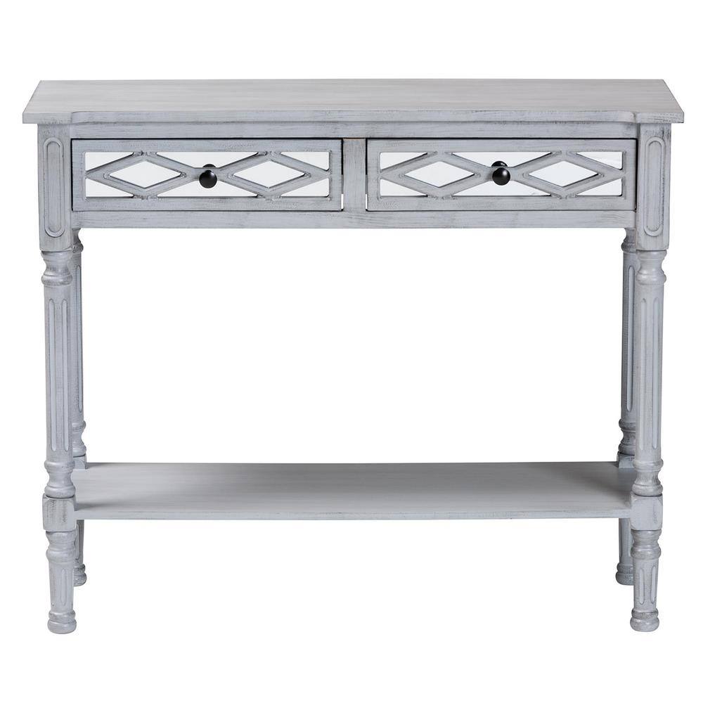 Gray Wood and Mirrored Glass 2-Drawer Console Table with Storage Shelf