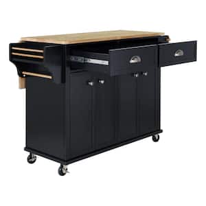 52 in. W x 18 in. D x 36 in. H Black Linen Cabinet with Rolling Kitchen Island, Drop Leaf and Adjustable Shelves