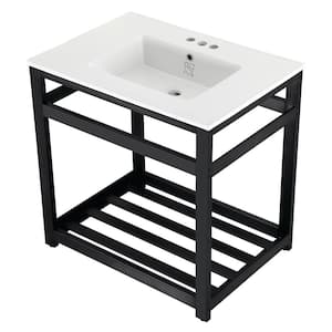 31 in. Ceramic Console Sink (4 in. in 3-Hole) with Stainless Steel Base in Matte Black
