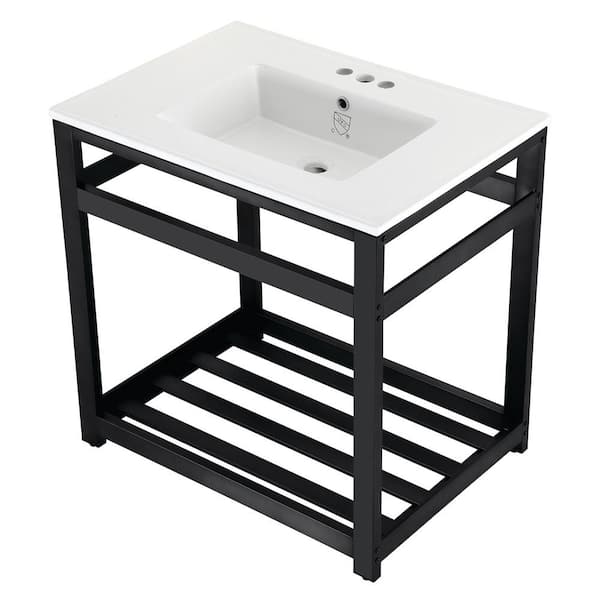 Kingston Brass 31 in. Ceramic Console Sink (4 in. in 3-Hole) with Stainless Steel Base in Matte Black