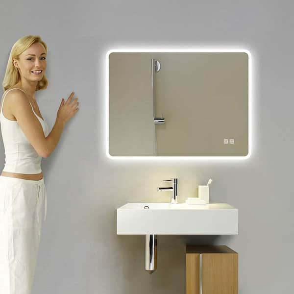 35.4 in. W x 27.5 in. H Large Rectangular Frameless Wall-Mount Anti-Fog LED Light Bathroom Vanity Mirror