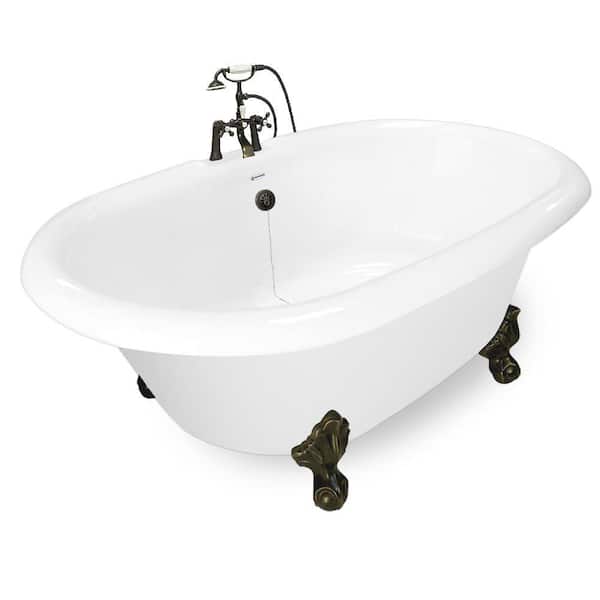 American Bath Factory 72 in. Acrylic Double Clawfoot Non-Whirlpool Bathtub in White w/ Large Ball, Claw Feet Faucet in Old World Bronze