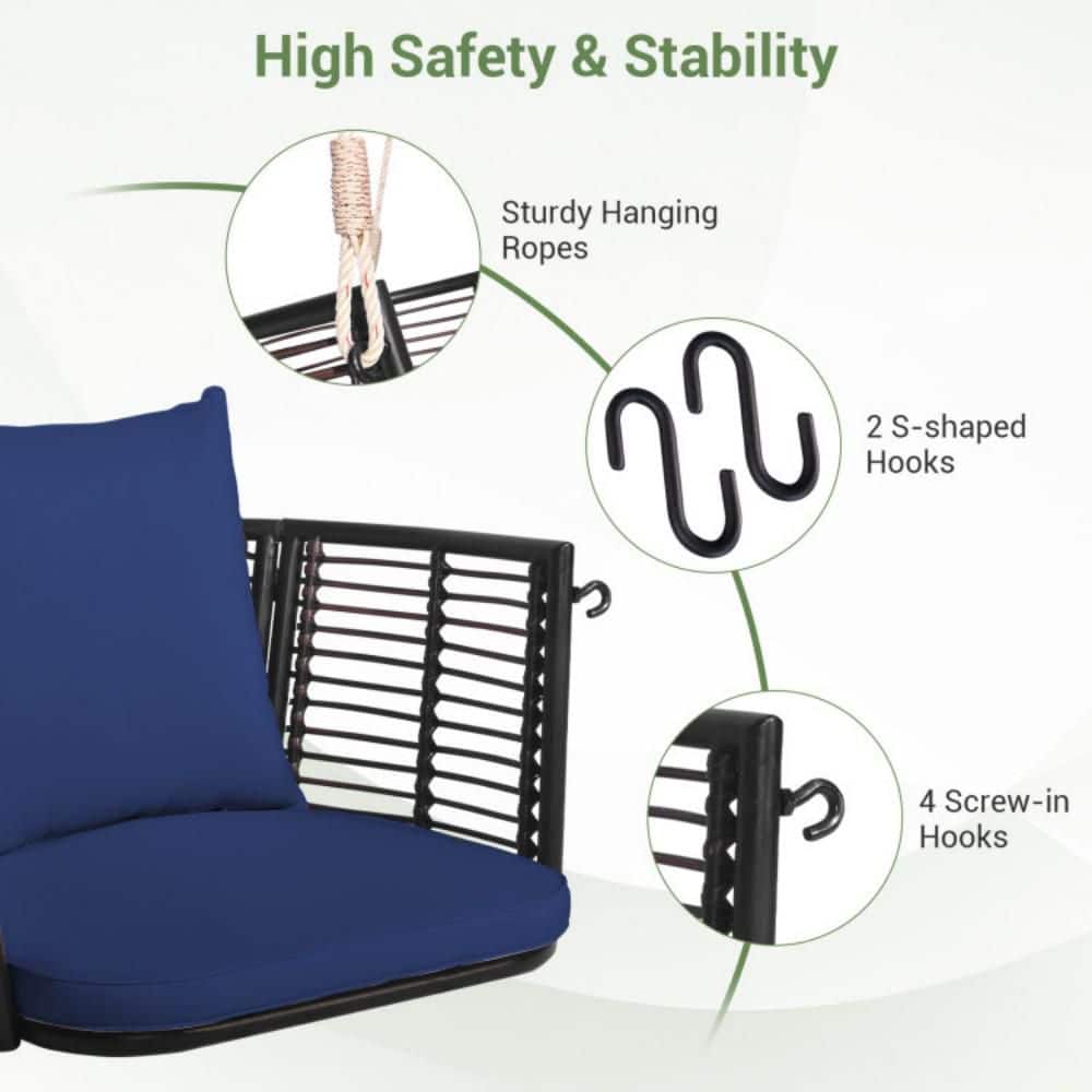 Mix Brown Rattan Hanging Chair with Blue Cushions