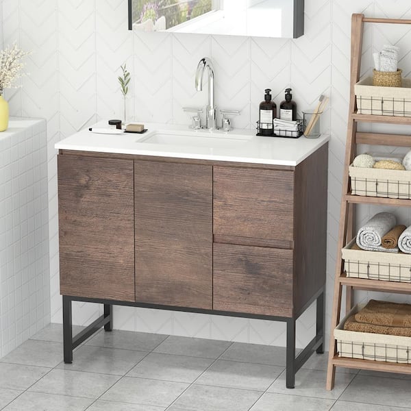 FUFU&GAGA Bath Vanity Bath Side Cabinet with White Top, Sink and Drawers 35.4 in. W x 18.1 in. D x 33.9 in. H
