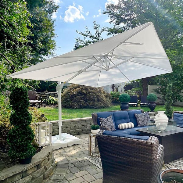 10 ft. x 13 ft. Outdoor Patio Cantilever Umbrella White Aluminum Offset 360° Rotation Umbrella with Base, White