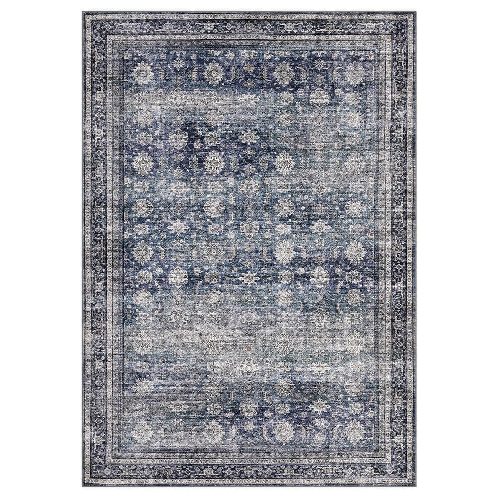 Blue Big Rugs 9 ft. x 12 ft. Blue Large Size Interior Decoration Distressed Floral ...