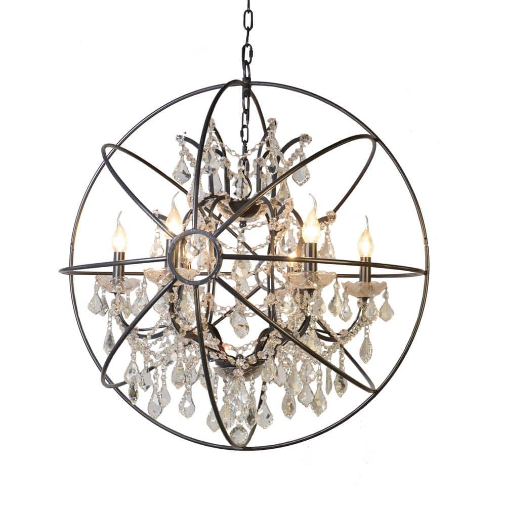 6-Light Rustic Black Globe Chandelier with no Bulbs Included