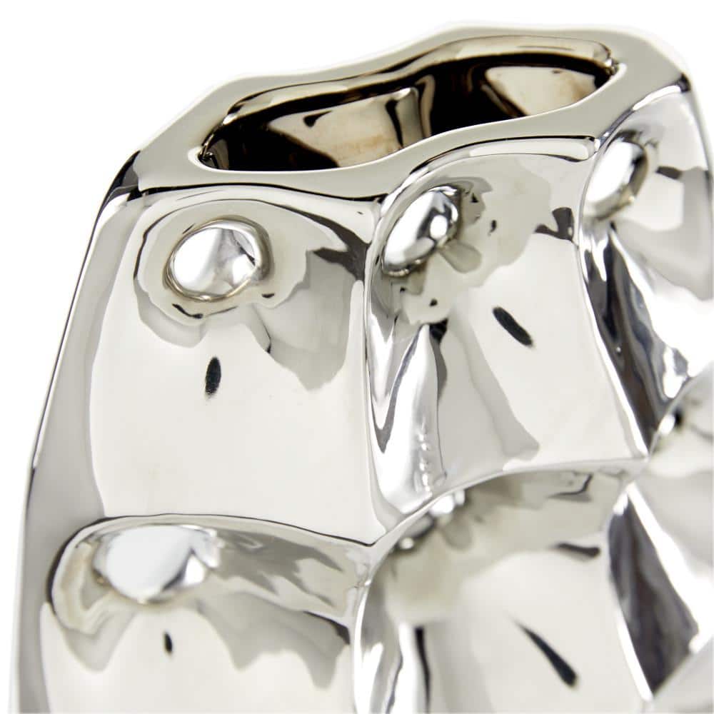 Sleek Silver Ceramic Table Vase with Geometric Cut-Outs 8" x 14"
