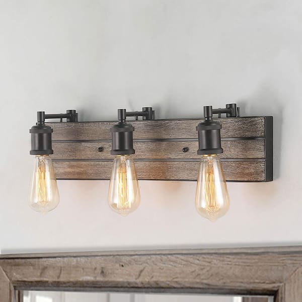 LNC Rustic Bathroom Vanity Light 3-Light Dark Brown Adjustable Pine Wood Bath Light Modern Industrial Water Pipe Wall Sconce