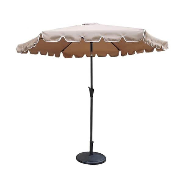 maocao hoom 9 ft. Outdoor Aluminum Scalloped Edge Patio Umbrella with 42 pounds Round Resin Umbrella Base in Brown