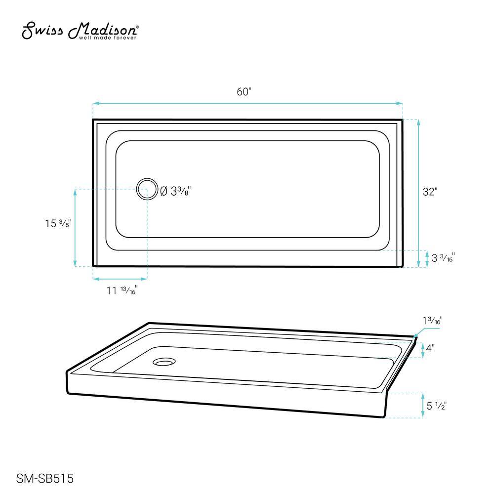 Voltaire 60" x 32" White Acrylic Shower Base with Left-Hand Drain
