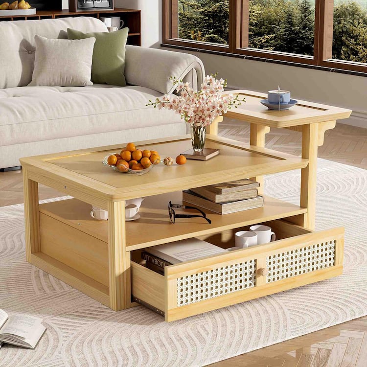 Polibi 38.5 in. Natural Oval MDF Coffee Table with Storage