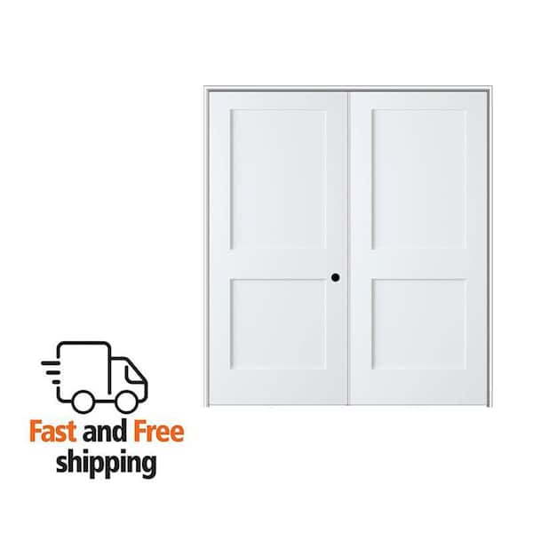 Shaker Flat Panel 60 in. x 80 in. Left Hand Active Solid Core Primed HDF Double Prehung French Door with 6-9/16 in. Jamb