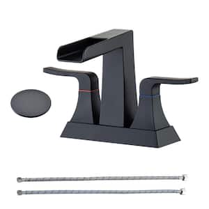 Square 4 in. Centerset 2-Handle Bathroom Faucet with Drain kit Included Waterfall Lavatory in Matte Black