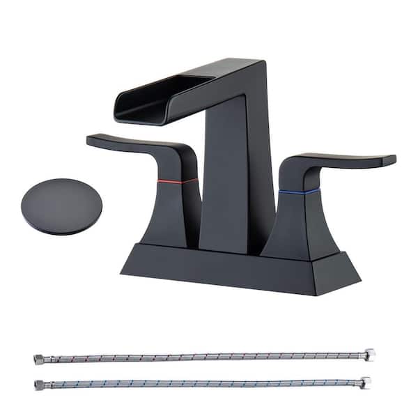 RAINLEX Square 4 in. Centerset 2-Handle Spout Bathroom Faucet with Drain Kit and Water Supply Lines Included Waterfall in Black