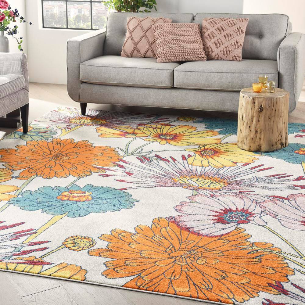 Ivory Multicolor Floral 9' x 12' Synthetic Area Rug