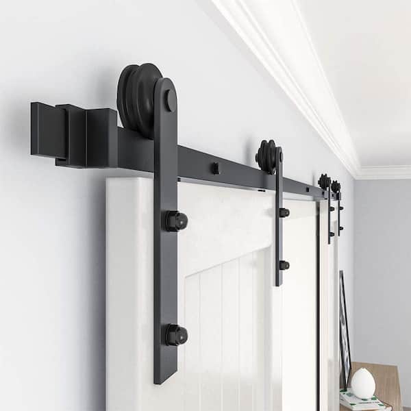 11 ft./132 in. Frosted Black Strap Sliding Barn Door Track Hardware Kit for Double Wood Doors Non-Routed Floor Guide 11 ft./132 in. Frosted Black Strap Sliding Barn Door Track Hardware Kit for Double Wood Doors Non-Routed Floor Guide
