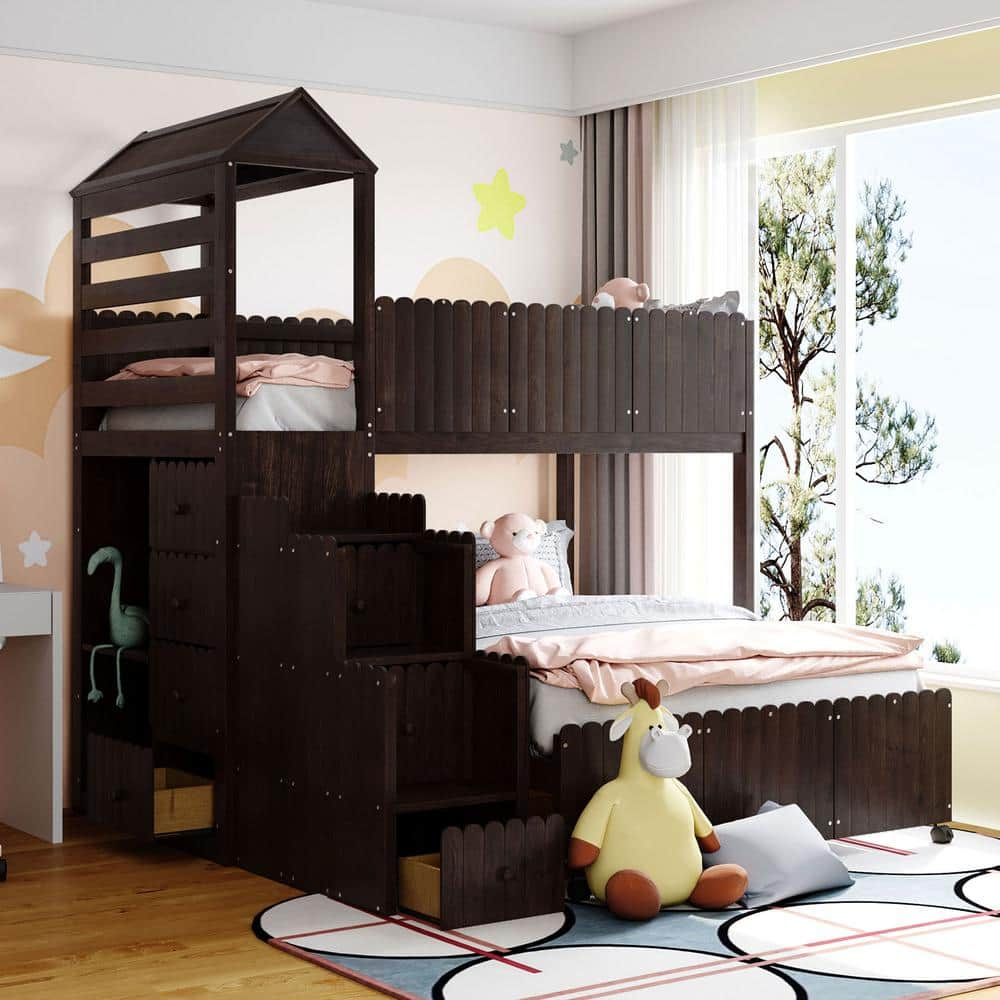 Espresso Twin Over Full House Stairway Bunk Bed with 2 Shelves and 7 Drawers -  GOJANE, LT000526LWYAAPB