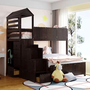 Espresso Twin Over Full House Stairway Bunk Bed with 2 Shelves and 7 Drawers