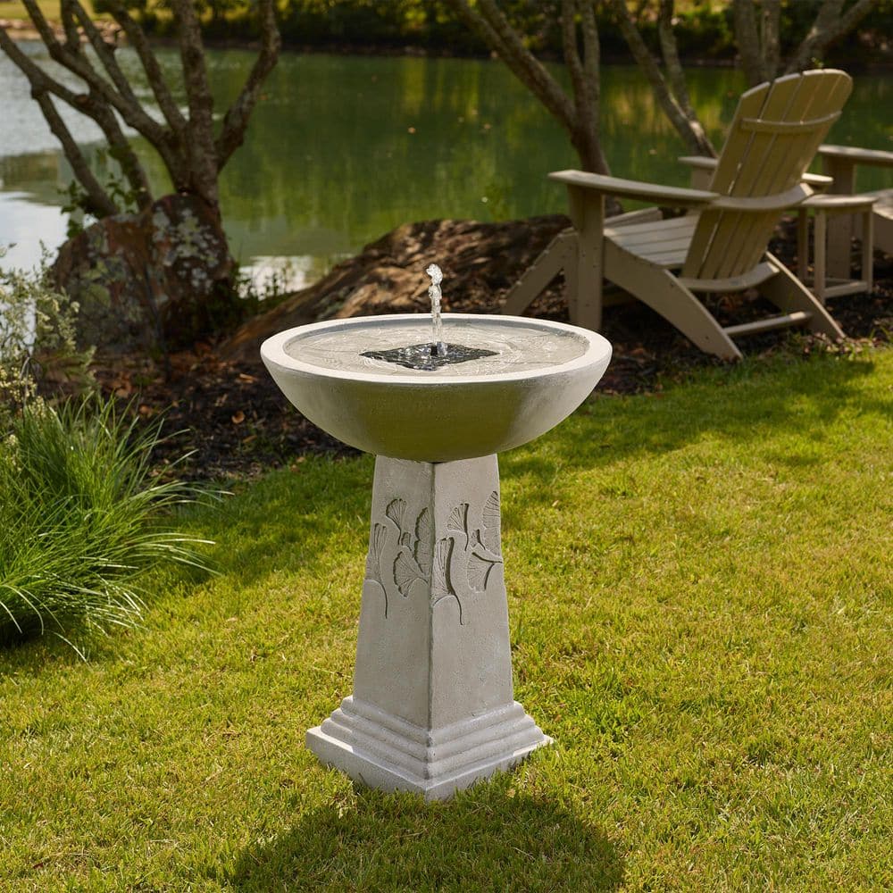 Ginkgo 27" Gray Concrete Solar Birdbath with Remote