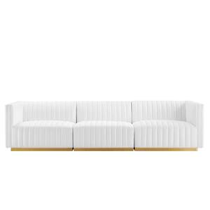 Conjure 34.5 W Channel Tufted Performance Velvet Rectangle 3-Seat Square Arm Sofa in Gold White