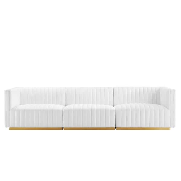 Modway Conjure 34.5 W Channel Tufted Performance Velvet Rectangle 3-Seat Square Arm Sofa in Gold White