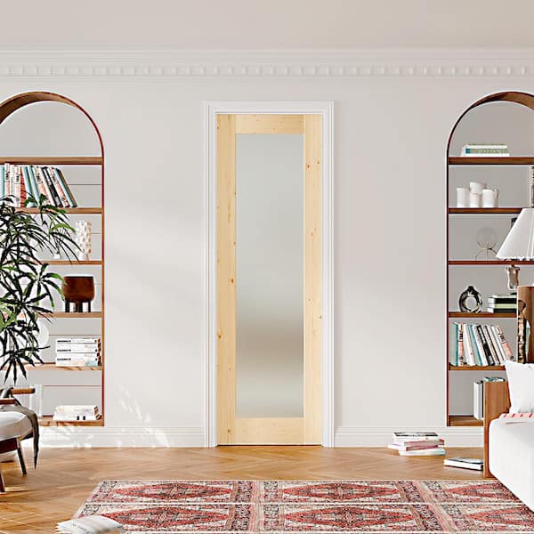 30 in. x 80 in. Pine Wood Color Prehung Interior Door Right-Handed Frosted Glass MDF with Door Jamb and Hardware Kit