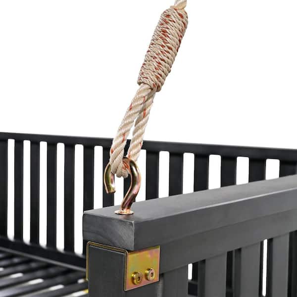 Unbranded 79.1 in. Outdoor Patio 2 Person Black Wood Porch Swing with Ropes for Backyard Chairs 08