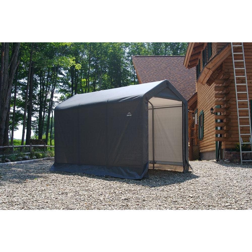 Gray Portable Peak Roof Storage Shed with Roll-Up Doors