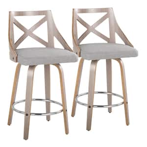 Charlotte 25.75 in. Grey Fabric, Light Grey Wood, Chrome Metal Fixed-Height Counter Stool (Set of 2)