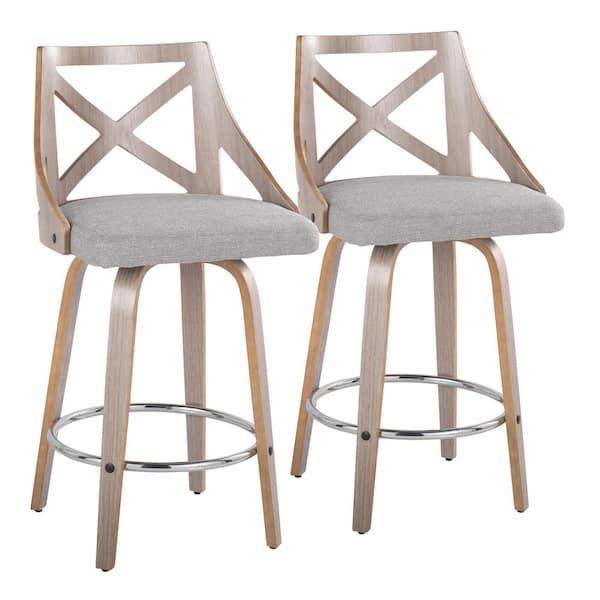 Lumisource Charlotte 25.75 in. Grey Fabric, Light Grey Wood, Chrome Metal Fixed-Height Counter Stool (Set of 2)