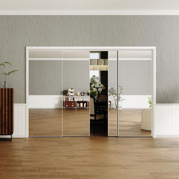 120 in. x 80 in. Full Lite, MDF, White, Mirrored Glass Sliding Door with Aluminum Frame and Handles