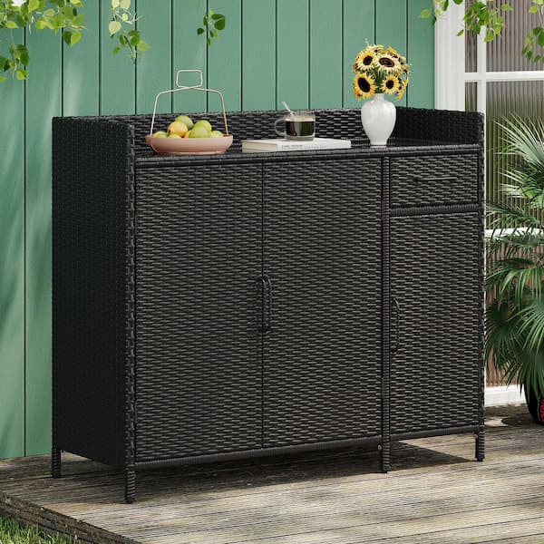 Polibi Black Brown Wicker Outdoor Bar Table,Storage Cabinet with Tempered Glass Desktop,3 Doors, Adjustable Shelf, and 1-Drawer