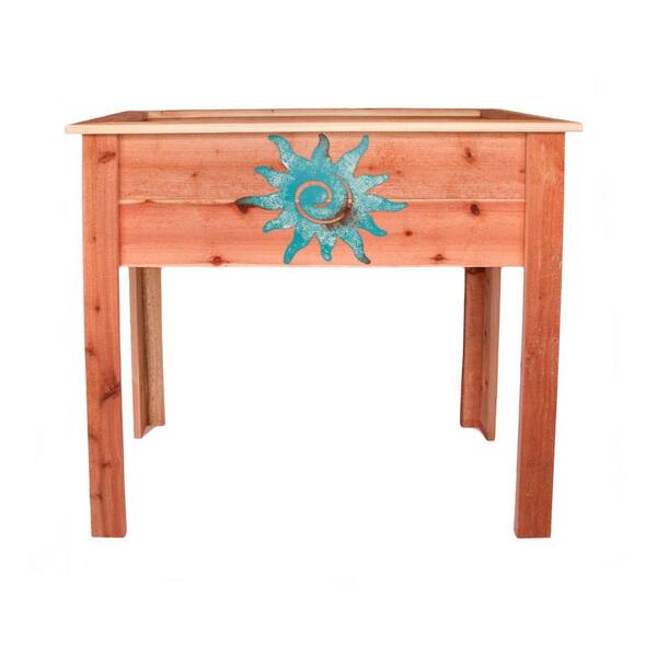 Hollis Wood Products 36 in. Redwood Raised Planter with Patina Sun Design