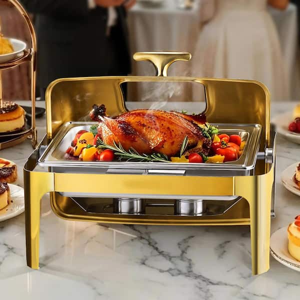Buffet Chafing Dish Set, 9 qt. Full Size Pan, Visible Lid, Water Pan, Stainless Steel Rectangle Catering Warmer, Gold