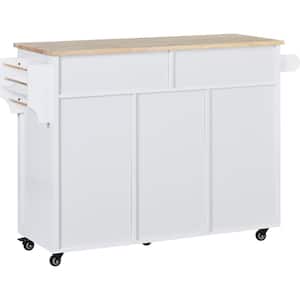 53.15 in. W x 18.50 in. D White Wood Kitchen Cart with Wheels; Drawers; Shelf; Spice Rack; Locking Casters