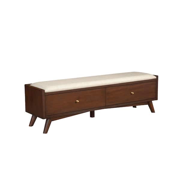 Alpine Furniture Flynn Walnut 59 in. W Bedroom Bench with Solid Wood, Storage, Upholstered, Drawers