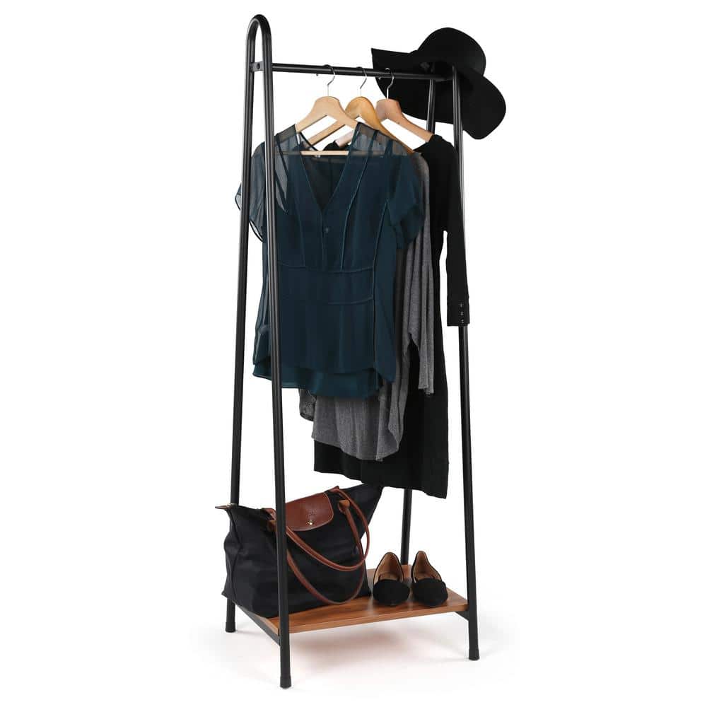 Slim Black Steel Frame Clothing Shelf Rack with Wood Shelf
