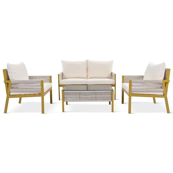 Zeus & Ruta 4-Piece Wicker Patio Conversation Set with Tempered Glass Table and Beige Cushions for Backyard, Porch and Balcony