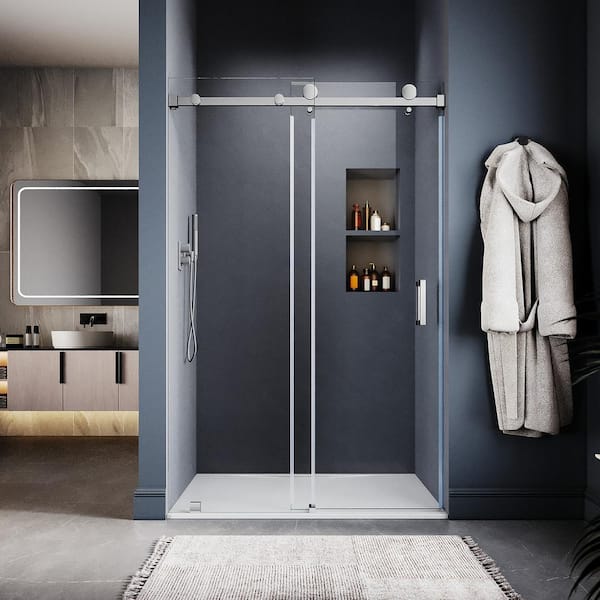 UNIKOO UKS05 46 to 49 in. W. x 80 in. H Sliding Frameless Shower Door in Chrome, Enduro Shield 3/8 in. SGCC Clear Glass