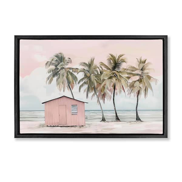 Stupell Industries Pink Beach Hut and Palms by Arlington Prints Black Floater Frame Coastal Graphic Art Print 21 in. x 31 in.