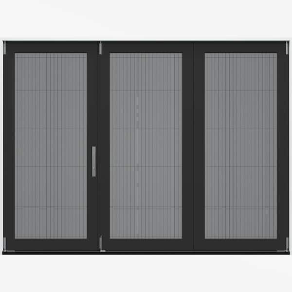 107.5 in. x 80 in. Right-Hand Folding Black Fiberglass 3-Panel Patio Door w/Low-E Impact Glass and Retract Screen